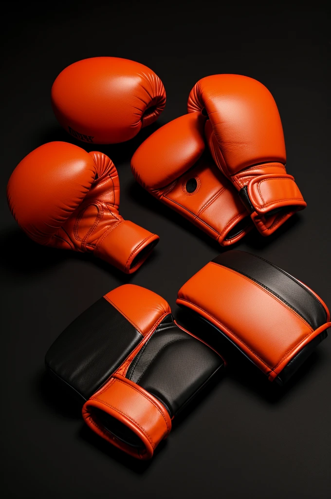 Some boxing gloves (Red color), (on a black background) with a basketball (Orange) next to the gloves. 