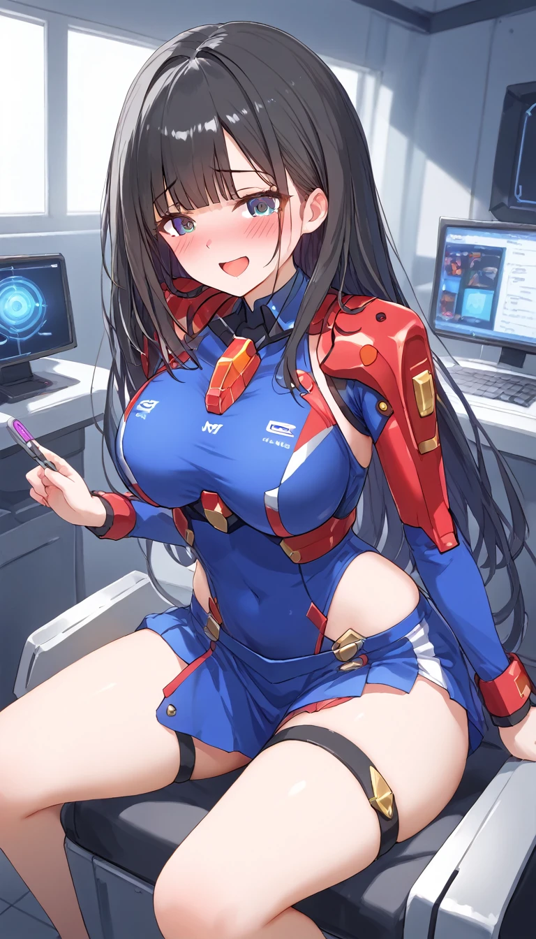 An absurd solution, High resolution, (masterpiece: 1.4), Super detailed, A young woman with dark hair dressed as an engineer, Blushing and excited expression, Sitting in a very small, enclosed mecha control room