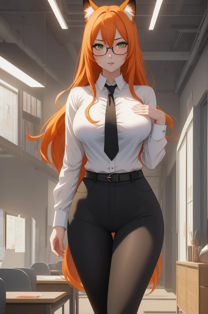 (masterpiece, Best quality), 8K, ultra detailed, realistic photo, Detailed face, perfect lighting, green eyes, bright orange hair, bright hair, fox ears, nice legs, side photo, beautiful, Cute, skin pores, 1 girl, perfect shirt, fully dressed, beautiful women 30 years old, Beautiful proportions, Russian woman, Caucasian, European, Business lady, stunningly beautiful woman, mother, thick legs, show ass, big breasts, (Thin white shirt:1.4), thick, hot, (White Office Wear:1.4), tight pants, (wide hips:1.2), thick, (white Office pants:1.3), spread your legs, Legs open, full length, wide hips, Glasses, with long orange hair, standing on the beach near the ocean, green eyes detailed digital anime art, cat ear, anime girl with long hair, гладкое аниме cg art, anime girl with long hair, digital anime art, work in Guweiz style, Beautiful anime portrait, Photorealistic render of an anime girl, pantyhose, Beautiful anime girl, advanced digital anime art, guweiz на artstation pixiv HD UHD HQ