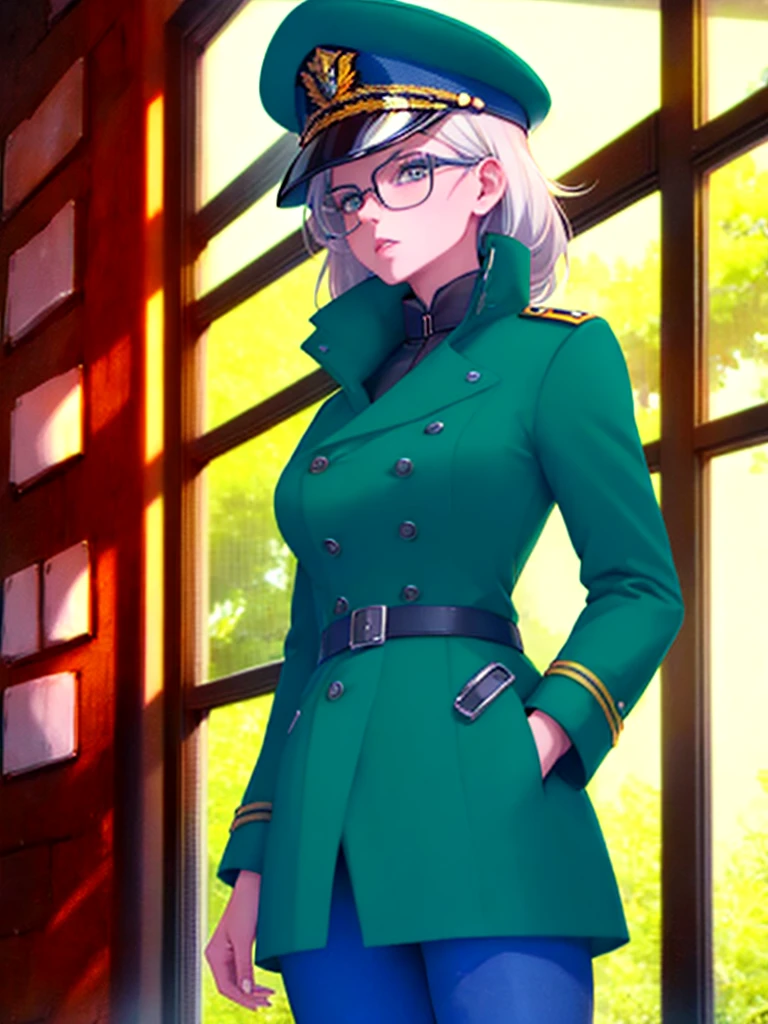 masterpiece, best quality, beautiful girl, white hair with green color inner, green eyes color, blue gray military uniform, mature_female, eyes glasses , white gloves, anime, blue gray military hat, very_long_hair, perfect body, red ribbon, commander, science_fiction, black knee-high boots, white pants, cowboy_shot , large_breasts, ultra-detailed, high quality, modern military uniform, sci-fi, dark blue Trench Coat, 1girl, 4k, military base ,perfect hands