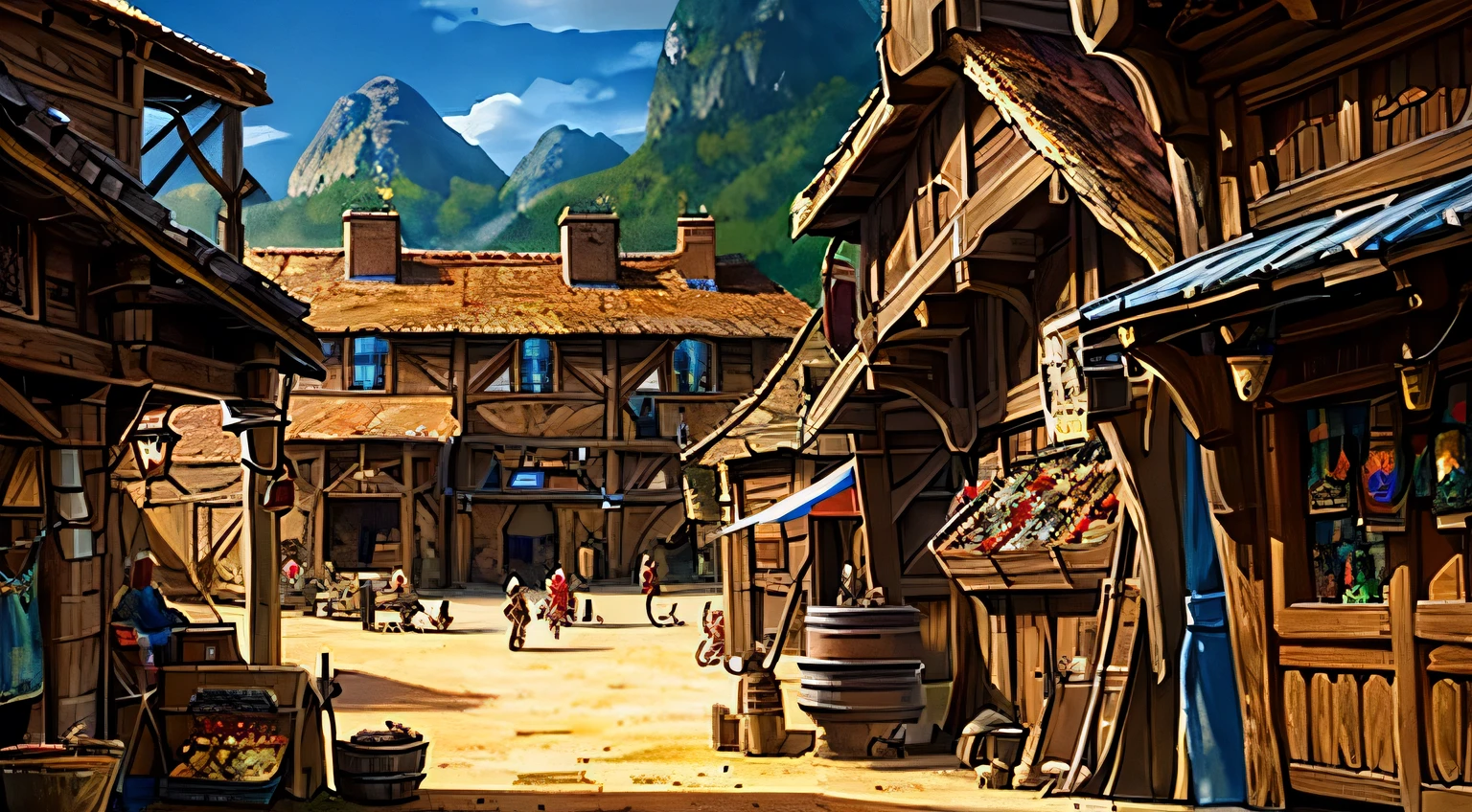 Fantasy medieval rural town, Several buildings housing blacksmiths, Leather Workers, Weapons blacksmith, General merchandise store, There are many stalls selling baked goods, Processed meat, cheese. Barracks with soldiers. Many small dwellings for commoners Dungeons&Dragons Fantasy