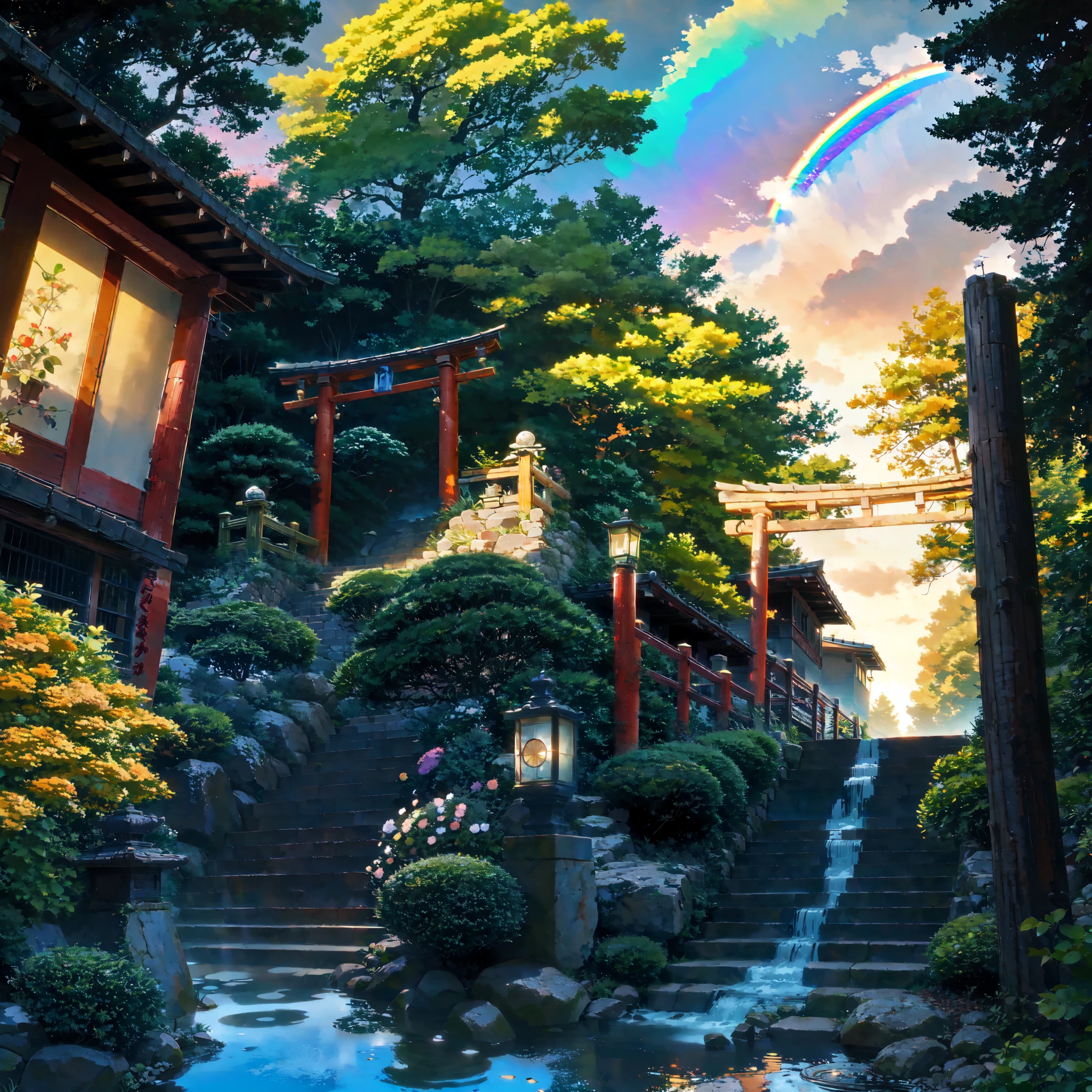 (vibrant: 1.1) and (colorful:1.1) (rainbow1.4) arching across the sky, seamlessly integrated into the existing scene. Rich and vivid colors