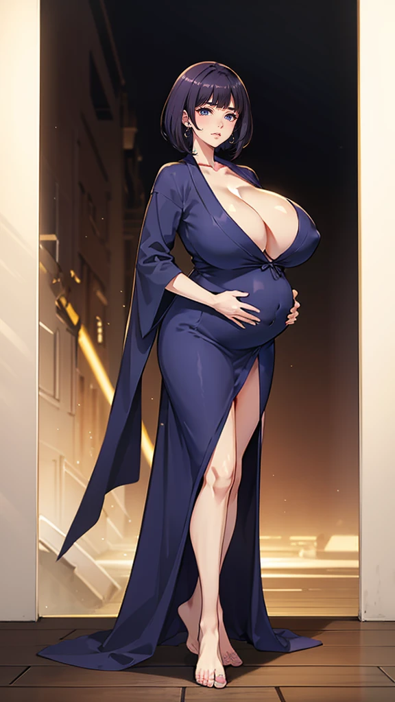 Mulher pregnant com vestido roxo gigante, From the front, high qualiy, awardwinning, high resolution, 8K standing alonemastery, standing alone, 1womanl, from the front, mellow, milf, purple cropped hair, blue colored eyes, glad eyes, long robe decotado , tall woman, 29-years-old, milf, olhar glad, cuvilinear body, Big locks and pussy, huge ass breasts, huge ass , huge ass niples, hein, pregnant, pregnant woman, cabelo roxo, long robe, hinterland, dress covers the legs, olhar glad, glad, glad