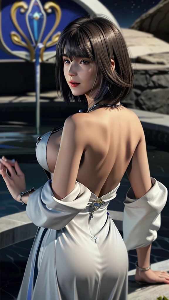 1 girl, alone, jewelry, collar, short hair,bob style haircut,Blue bead earrings, naked, naked, big buttocks, narrow waist,big breasts, Yuna FMX, ultra high resolution, Photo, Photorealistic, Very detailed, detailed face, from behind, Pretty woman alone, ephemeral beauty, fantastic sky, blue sky, White clouds, refreshing sky, flying soap bubbles, medium chest, (Masterpiece, high quality), look at the viewer, bob cut, shiny skin, attractive, Dreamer, ((thick upturned bangs, exquisite details. intricately detailed. seductive. . Oily skin