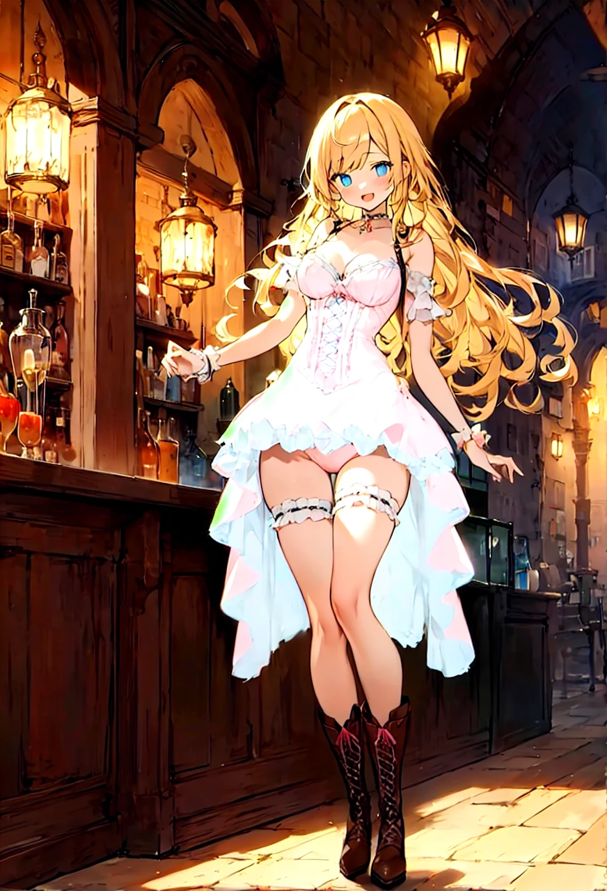 (cleavage:-1.5),insanely detailed, absurdres, ultra-highres, ultra-detailed, best quality,
1girl, solo, nice hands, perfect hands,
BREAK,
happy smile, laugh, open mouth,
cute pose, fullbody,
BREAK,
slender, kawaii, perfect symmetrical face, ultra cute girl, ultra cute face, ultra detailed eyes, ultra detailed hair, ultra cute, ultra beautiful,
BREAK
Curls,blonde_hair,blue_eyes,long_eyelashes,long_hair,fringe_bangs,side_curls,fullbody,standing,masterpiece,highress,frilly intricate pink saloon girl dress,knee length skirt,white accents, frilly lace choker,pink corset,lace up heeled boots,stockings,saloon,short at the front center of the skirt
,
