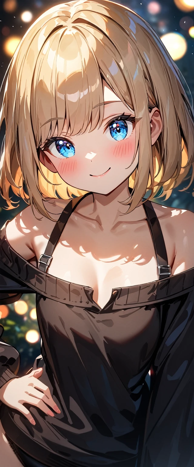 (((One girl))), blond hair, bob cut, (cowboy shot), (looking at viewer), ((black sweater:1.3、Quite thick shoulder straps、sleeves past wrists)), (((off-shoulder, open collar, oversized))), face in focus, teenager, head tilt:1.3, (((blue eye))), ((happy smile)), ((blush)), contrapposto, one hand on hip, black panties, anime style, (best quality, 4k, 8k, highres, masterpiece:1.2, ultra-detailed, ultra-detailed eyes, HDR, UHD, studio lighting, ultra-fine painting, sharp focus, physically-based rendering, extreme detail description, professional, vivid colors, bokeh)