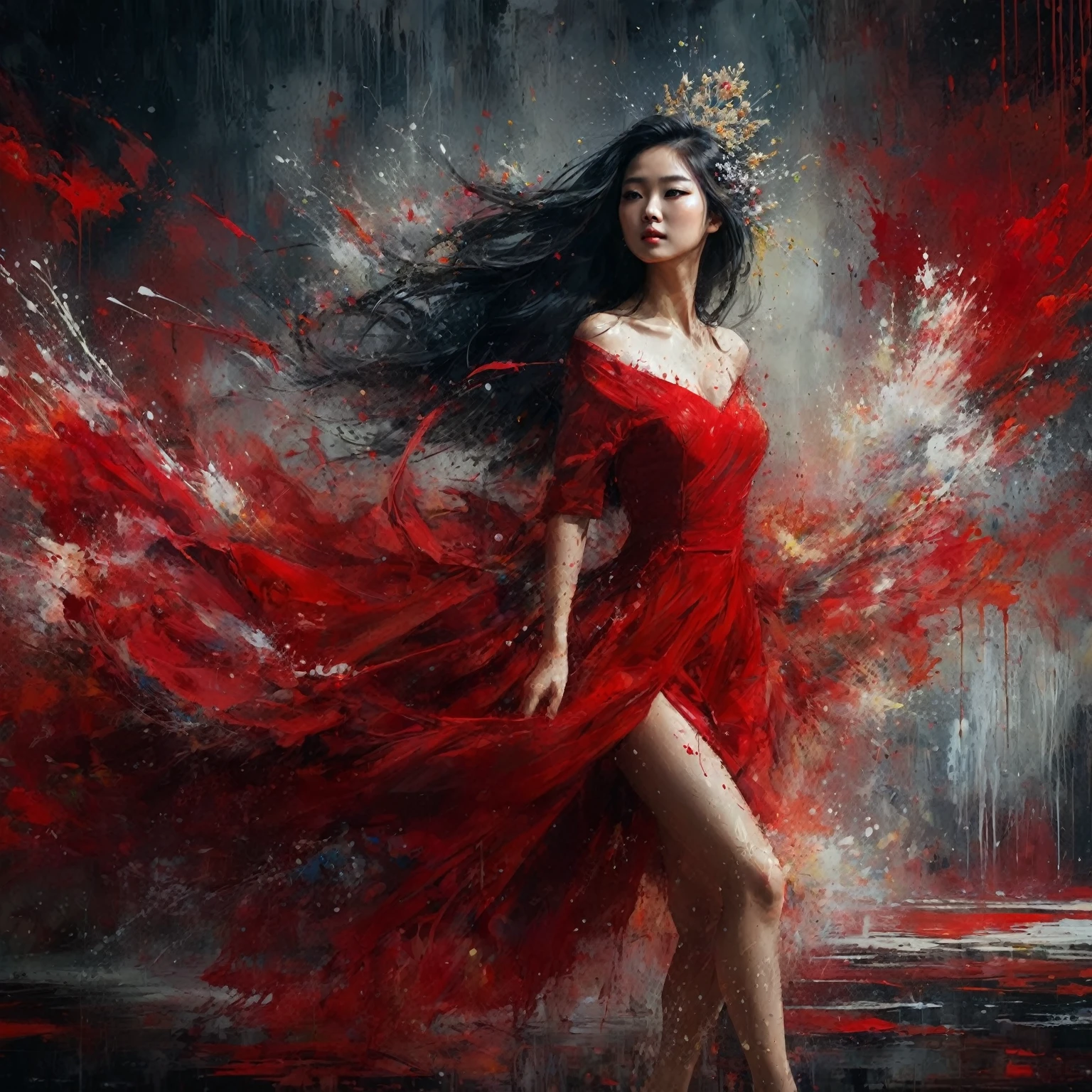 Full body shot of an painting of beautiful asian woman in red princess dress with abstract painting splash, best dynamic pose, gaze at the camera, dark background. Artist:{ramdomly selected}. Amazing painting splash distorted, Stunningly beautiful painting, stunning abstract background, Shot on Sony Alpha α7CR full-frame, photorealistic, realistic human, UHD 1536px, high quality photos.