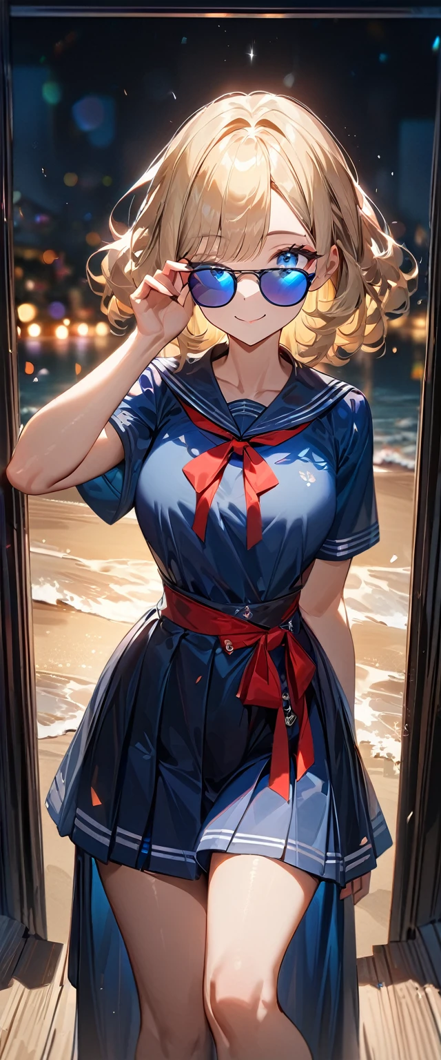 (((One girl))), ((beach)), noon, blond hair, Wavy Hair, bob cut, breasts, from front, (cowboy shot), standard body, (looking at viewer), ((dark blue serafuku out of skirt)), dark blue skirt, ((red ribbon)), ((sunglasses)), hand to sunglasses, teenager, head tilt:1.3, (((blue eye))), ((happy smile)), anime style, (best quality, 4k, 8k, highres, masterpiece:1.2, ultra-detailed, ultra-detailed eyes, HDR, UHD, studio lighting, ultra-fine painting, sharp focus, physically-based rendering, extreme detail description, professional, vivid colors, bokeh), ((Highest quality, Best image quality, Ultra-high resolution, Ultra-high resolution, solo, Strong eye highlights)), Depth of written boundary, Natural soft light, attractive, Beautiful Face, Cleanliness, Pure Face, nedium chest, Beautiful Face, Perfect Fingers, Perfect hands, Perfect body, Perfect Face, Shine a light into your eyes, Perfect Anatomy