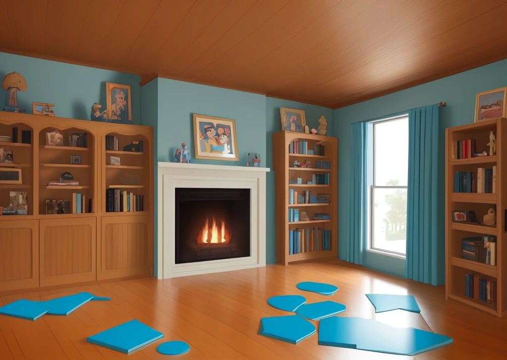 Disney cartoon style, a stylish and classic room in the 1960s in America, with a wooden baseboard, a plain floor, one wall of the room is covered with a classic wooden bookcase that is full of books, a stylish fireplace in be a room, U.S. president Room.