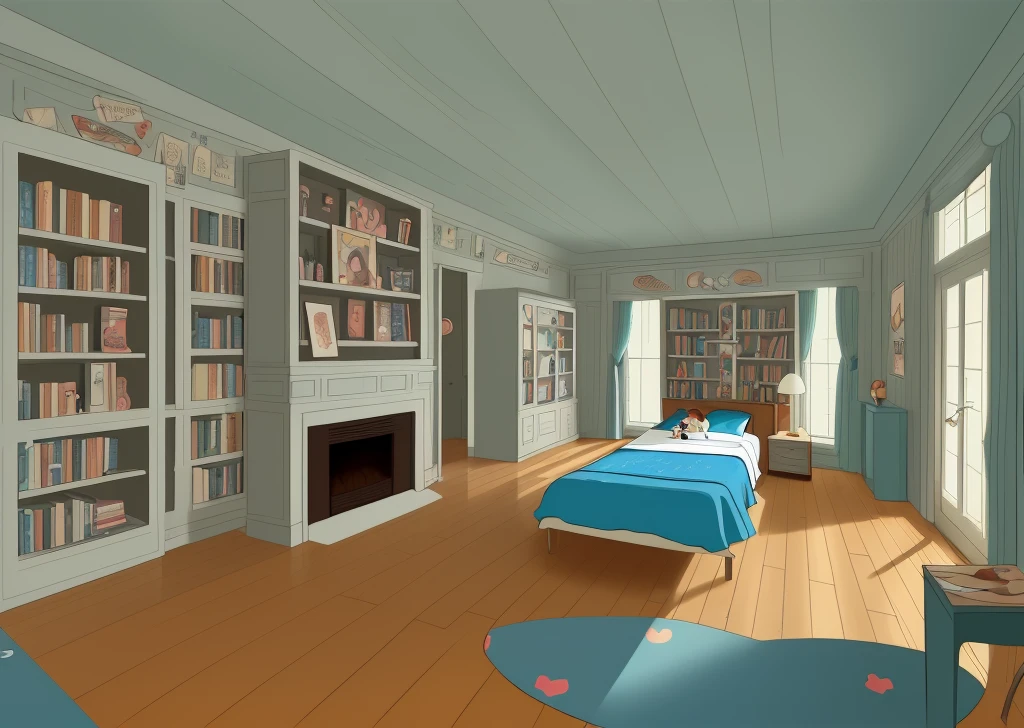 Disney cartoon style, a stylish and classic room in the 1960s in America, with a wooden baseboard, a plain floor, one wall of the room is covered with a classic wooden bookcase that is full of books, a stylish fireplace in be a room, U.S. president Room.