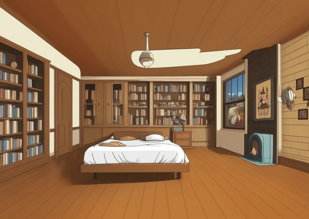 Disney cartoon style, a stylish and classic room in the 1960s in America, with a wooden baseboard, a plain floor, one wall of the room is covered with a classic wooden bookcase that is full of books, a stylish fireplace in be a room, U.S. president Room.