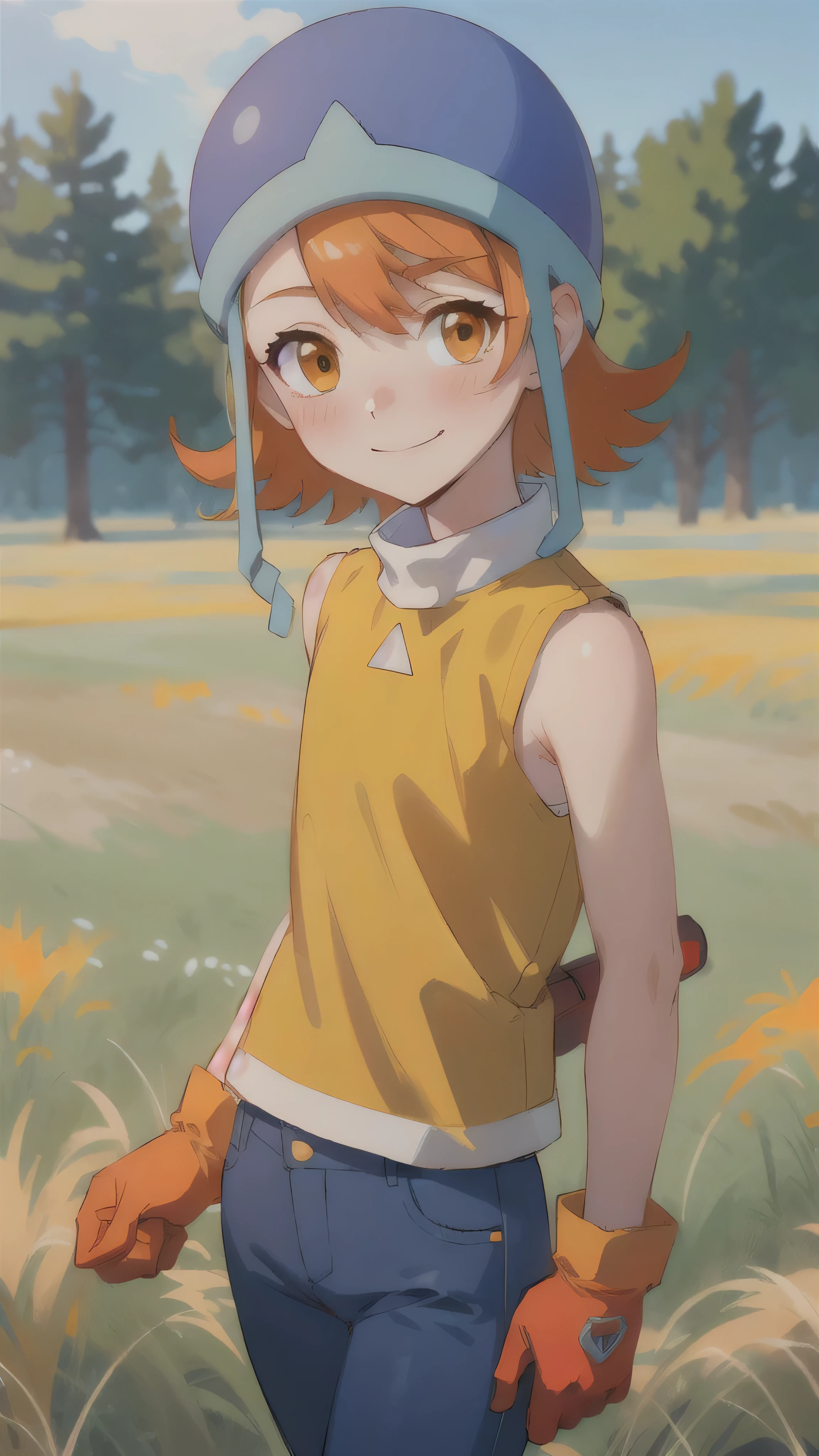 masterpiece, best quality, high resolution, soradef, one , alone, blushing, smiling, short hair, orange hair, helmet, orange eyes, digimon, yellow shirt, shirt, sleeveless, pants, jeans, red gloves, cowboy shot, looking at viewer, standing still, outdoors, grass, field, woods, sunlight, sky, blue sky,Realistic images, highest quality, evil aura, rage