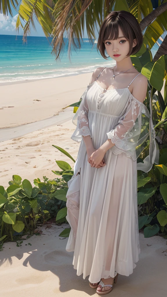 (((Full Body Shot)))、Tropical sandy beach、Standing posture、1girl、((Loli face))、(Full Body Shot)、(Surreal)、(Awareness-raising)、(High resolution)、(8K)、(Very detailed)、(Best illustrations)、(wallpaper)、(Beautiful and detailed eyes)、(Highest quality)、(Ultra-detailed)、(masterpiece)、(Detailed face)、solo、One Girl、Pure Erotic Face Ace_v1、View your viewers、Fine details、Detailed face、Low Key、Laughter、Pixie Cut、Cute clothes、clear、Serious clothes、Diagonal bangs、Brown Hair、