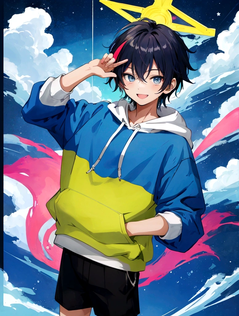 boy,18-year-old,Anime Images,A refreshing smile,colorful,Wearing a hoodie