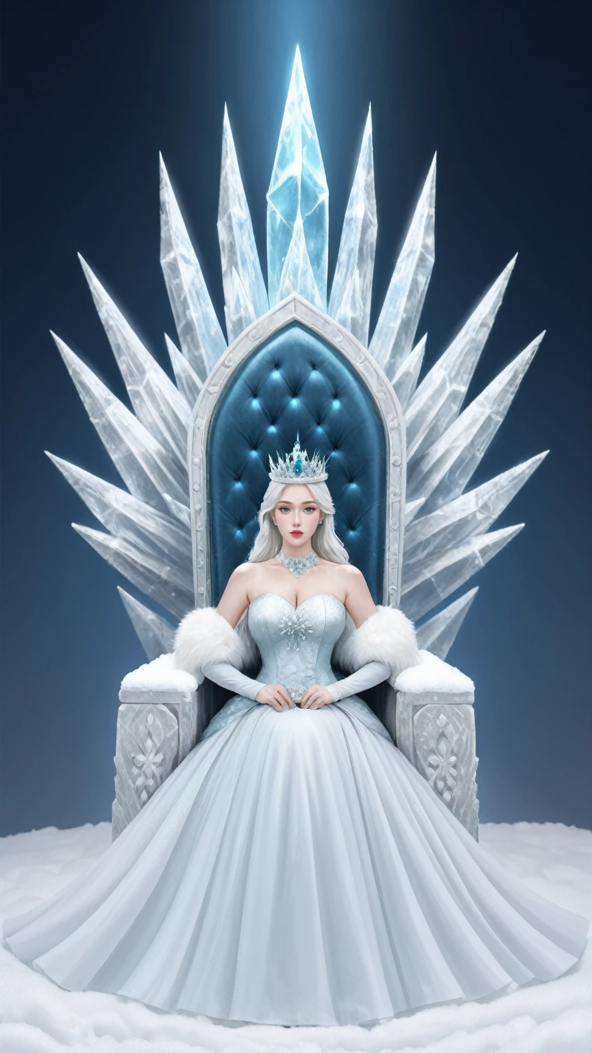In a winter-themed masterpiece, a queen with pale skin and white hair is depicted, embodying the essence of winter. She is dressed in an outfit themed around snowflakes, with an ice crown adorning her head, symbolizing her regal status.
The queen sits on a throne made entirely of ice, reflecting her connection to the cold and snowy season. Her neutral expression is one of calm and authority, with her eyes half-closed, adding to her elegant demeanor.
Ice crystals surround her, enhancing the winter theme of the scene. The queen's white hair and the snowflakes around her create a mesmerizing and serene atmosphere.
This artwork captures the beauty and majesty of a winter queen, showcasing her as a powerful and graceful figure in a snowy, icy landscape. The attention to detail in her attire and the ice throne creates a visually stunning and captivating image that transports the viewer into a winter wonderland.