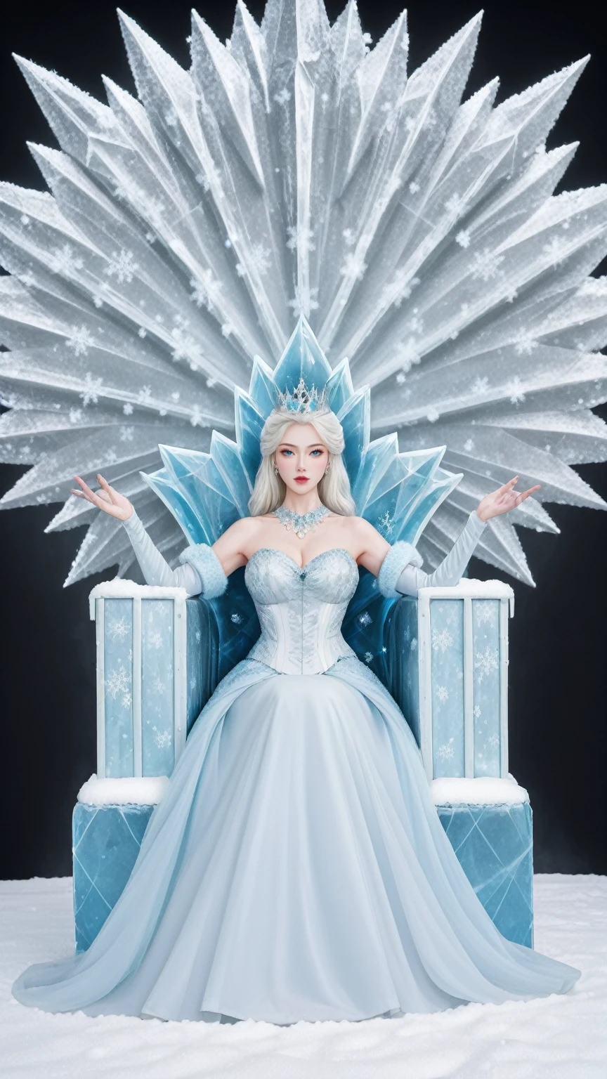 In a winter-themed masterpiece, a queen with pale skin and white hair is depicted, embodying the essence of winter. She is dressed in an outfit themed around snowflakes, with an ice crown adorning her head, symbolizing her regal status.
The queen sits on a throne made entirely of ice, reflecting her connection to the cold and snowy season. Her neutral expression is one of calm and authority, with her eyes half-closed, adding to her elegant demeanor.
Ice crystals surround her, enhancing the winter theme of the scene. The queen's white hair and the snowflakes around her create a mesmerizing and serene atmosphere.
This artwork captures the beauty and majesty of a winter queen, showcasing her as a powerful and graceful figure in a snowy, icy landscape. The attention to detail in her attire and the ice throne creates a visually stunning and captivating image that transports the viewer into a winter wonderland.