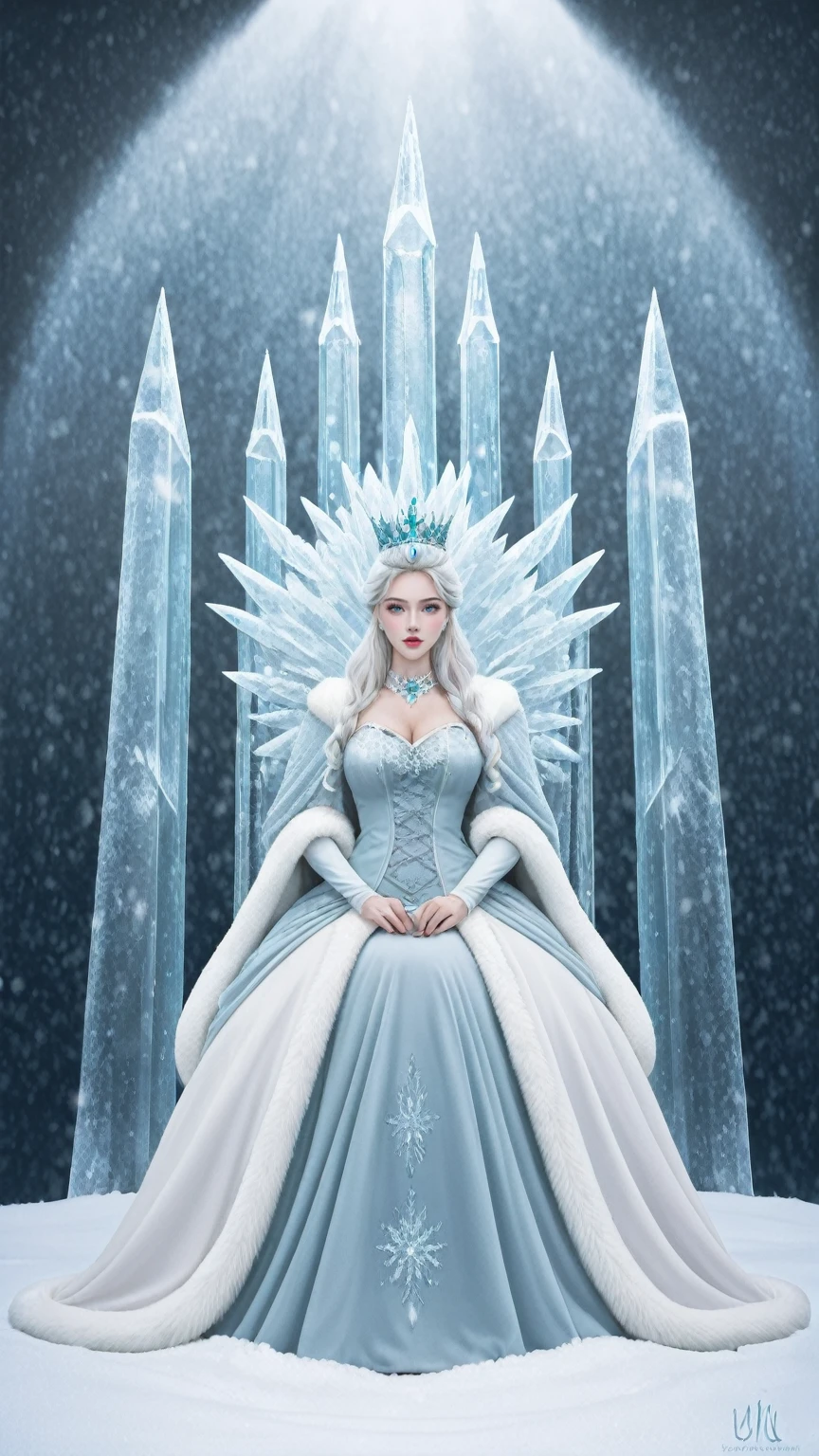 In a winter-themed masterpiece, a queen with pale skin and white hair is depicted, embodying the essence of winter. She is dressed in an outfit themed around snowflakes, with an ice crown adorning her head, symbolizing her regal status.
The queen sits on a throne made entirely of ice, reflecting her connection to the cold and snowy season. Her neutral expression is one of calm and authority, with her eyes half-closed, adding to her elegant demeanor.
Ice crystals surround her, enhancing the winter theme of the scene. The queen's white hair and the snowflakes around her create a mesmerizing and serene atmosphere.
This artwork captures the beauty and majesty of a winter queen, showcasing her as a powerful and graceful figure in a snowy, icy landscape. The attention to detail in her attire and the ice throne creates a visually stunning and captivating image that transports the viewer into a winter wonderland.