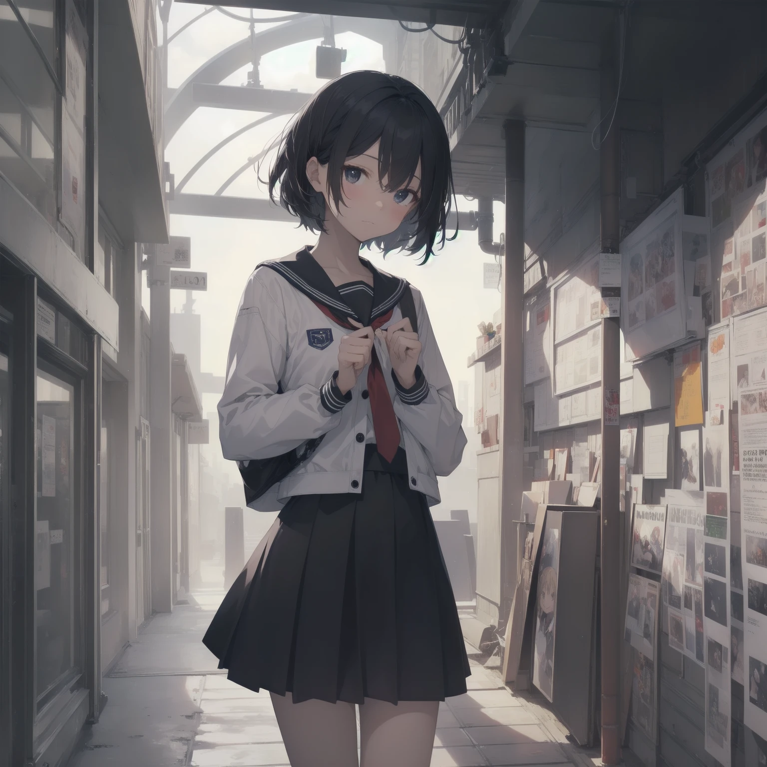 ultra-absurdres-Top quality by artist God, ultra-detailed, high resolution, anime moe artstyle, best anime 8k konachan wallpaper, pixiv contest winner, pool:2810, perfect anatomy,break, 1girl, (Please draw a girl walking sleepily to school alone. )break,(Solo,little female, 13-year-old:1.3),Full limbs, complete fingers,a junior high school student, (very short hair), short cut, flat chest, , small butt, small black eyes, beautiful detailed eyes, well-proportioned iris and pupils, expressive eyes, highres detailed hair, soft expression, salor school_uniform, sailor collar, serahuku, bow, pleated skirt,(Detailed Lighting), (Detailed background), in the School commute route. break,super detailed skin, Best cinematic lighting powered by famous artist, 8k,beauty illustration,photoshop_(medium),very aesthetic,break,((artist:toosaka_asagi )), artist:clamp ,artist:carnelian ,artist:kantoku ,