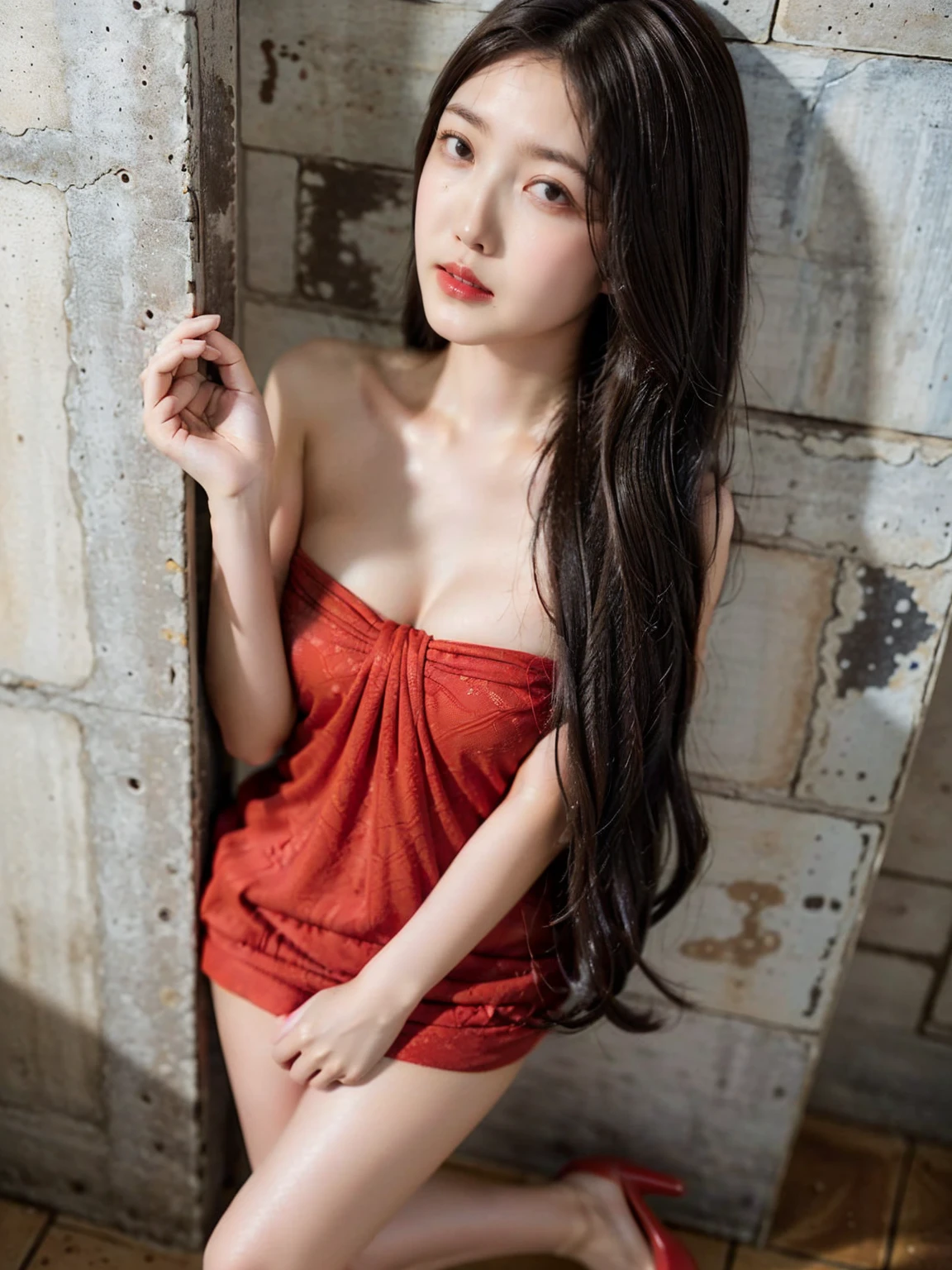 (( in a front a painting, terrace, buy hairstyle, standing, red sexy dress, closeup shot, cleavage, high heels good hands, thighs)), (masterpiece),((ultra-detailed)), (highly detailed CG illustration),(expressionless), (best quality:1.2),(1girl),High quality texture, intricate details, detailed texture, High quality shadow, brown eye pupil, depth of field, perspective,20s, (big eyes:1.2),blush,perfect body, lean body, (narrow waist:1.3), big breast, distinct_image, (lustrous skin), solo focus, (brown hair), (streaked hair), ((medium hair)), ((leaning on a wall, Hands Up))