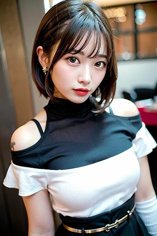 best qualityer, ultra high nothing, (photorrealistic: 1.4), 1girl, camisa rosa off-shoulder, black tight skirt, black choker, (faded ash gray hair:1), (Breasts huge:0.9), gazing at viewer, close-up,