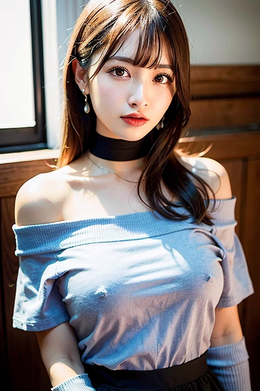 best qualityer, ultra high nothing, (photorrealistic: 1.4), 1girl, camisa rosa off-shoulder, black tight skirt, black choker, (faded ash gray hair:1), (Breasts huge:0.9), gazing at viewer, close-up,