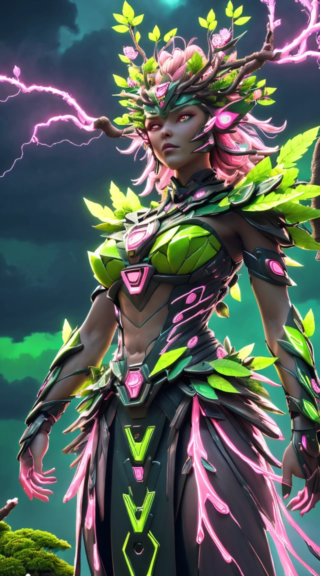 A woman in a green and pink outfit standing in front of a tree Plant Maiden，metal leaf，Wired branch，glowing light eyeechanical bark，bark covered with moss，tribe outfit，majestic figure，(ancient tribal markings)，Control the tendrils extending from the arms，Neon lights dance on the body，(Lightning around branches and leaves)，(peach blossom)，The petals are soft and delicate，vibrant with colors，(A harmonious blend of green and pink)，(Ominous dark clouds in the sky)，Night atmosphere，A futuristic，Vibrant colors and high-contrast lighting，Dramatic shadows and highlights.(Best quality at best, 4K, 8K, tmasterpiece: 1.2), (actual, photograph realistic, photograph realistic: 1.37)
