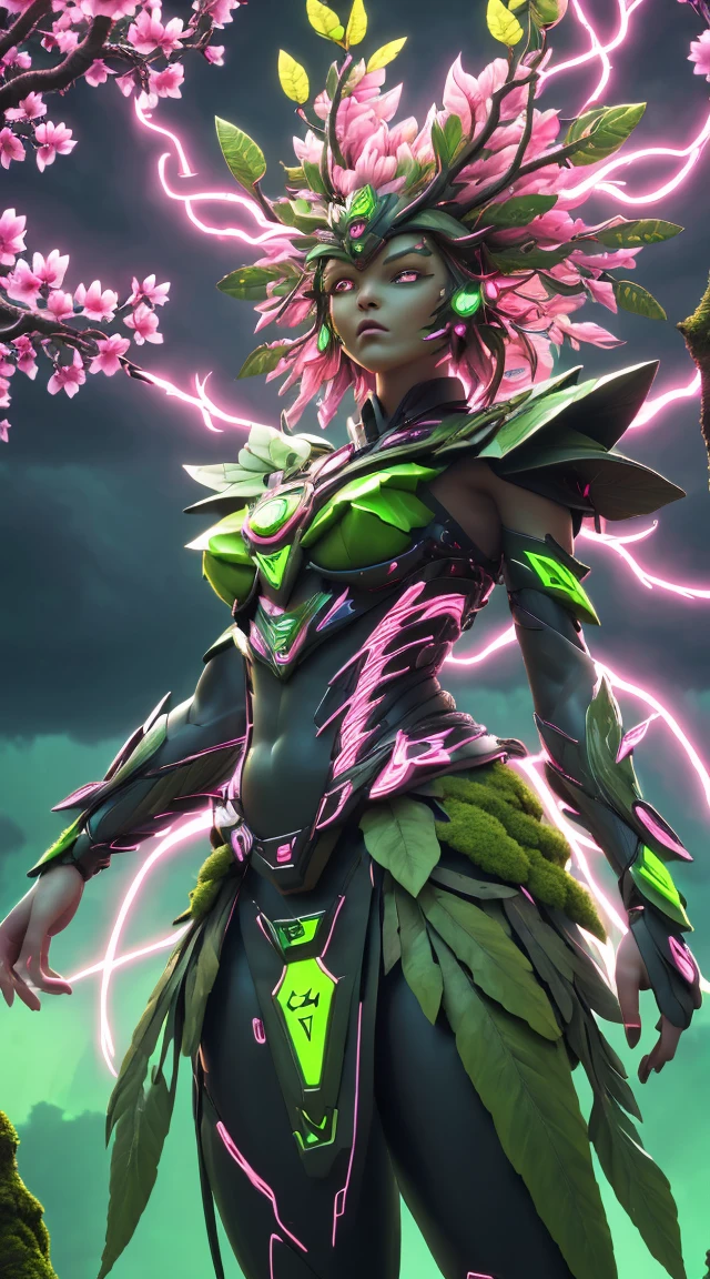A woman in a green and pink outfit standing in front of a tree Plant Maiden,metal leaf,Wired branch,glowing light eyeechanical bark,bark covered with moss,tribe outfit,majestic figure,(ancient tribal markings),Control the tendrils extending from the arms,Neon lights dance on the body,(Lightning around branches and leaves),(peach blossom),The petals are soft and delicate,vibrant with colors,(A harmonious blend of green and pink),(Ominous dark clouds in the sky),Night atmosphere,A futuristic,Vibrant colors and high-contrast lighting,Dramatic shadows and highlights.(Best quality at best, 4K, 8K, tmasterpiece: 1.2), (actual, photograph realistic, photograph realistic: 1.37)