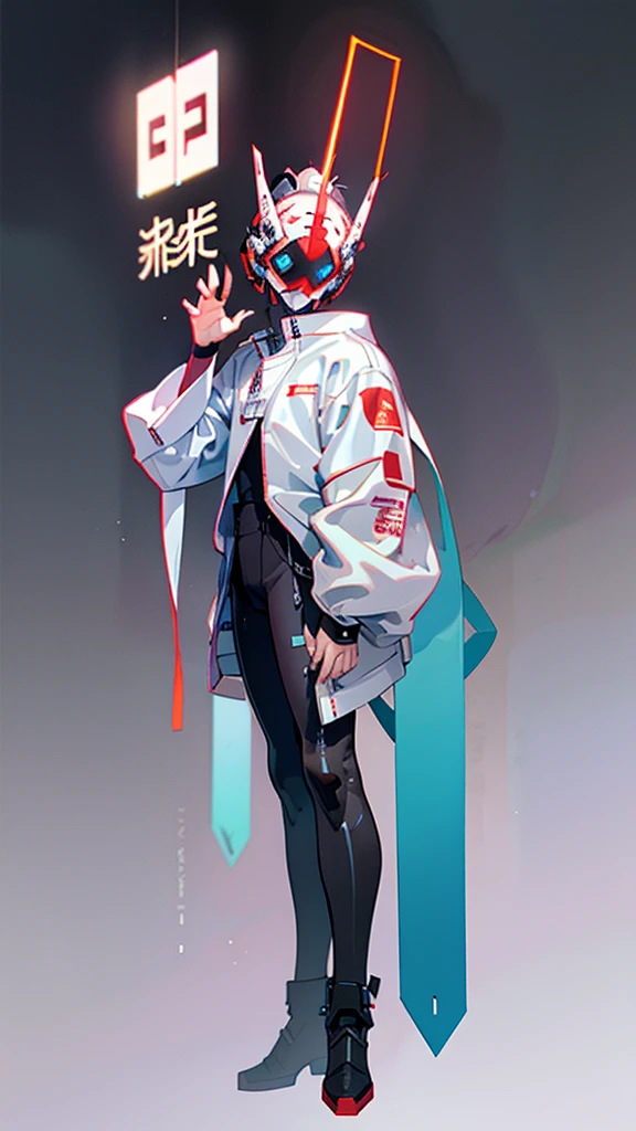 masterpiece, best quality, A close-up shot of a futuristic boy,China is white and impermanent,The traditional image of Hei Wuchang,Tradition meets modernity,Chinese style,Wearing a fantastic cyber helmet,White triangle LED light and halo on the helmet, Wearing a white Techwear jacket with "Peace in the World" written on it, Full body white background
