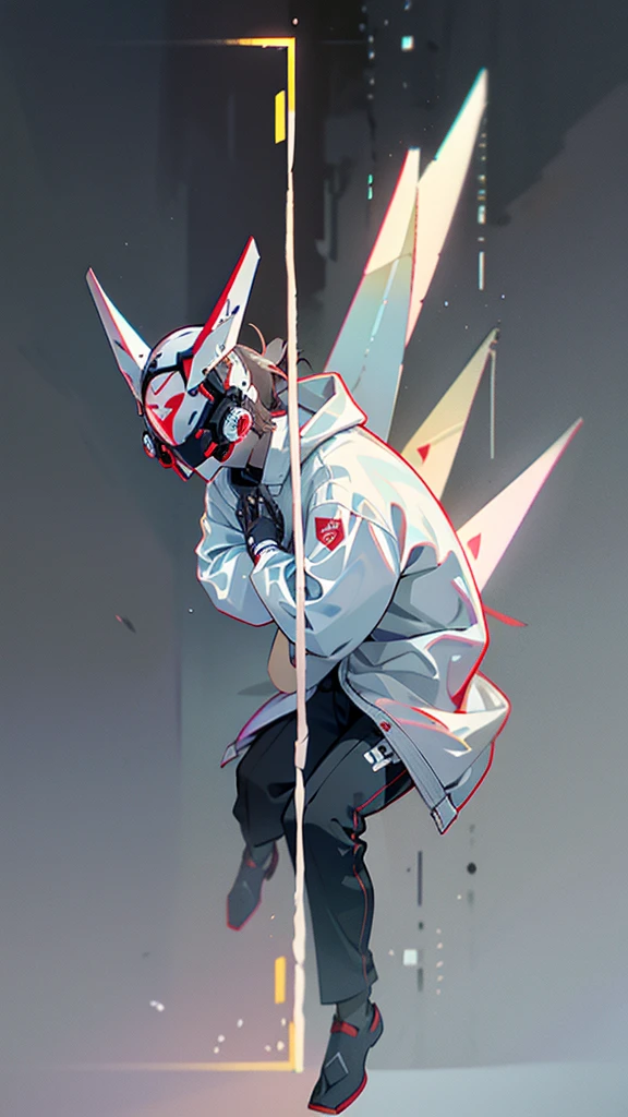 masterpiece, best quality, A close-up shot of a futuristic boy,China is white and impermanent,The traditional image of Hei Wuchang,Tradition meets modernity,Chinese style,Wearing a fantastic cyber helmet,White triangle LED light and halo on the helmet, Wearing a white Techwear jacket with "Peace in the World" written on it, Full body white background