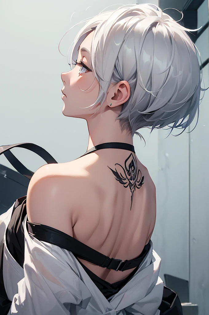 (Image from chest up:1.4)((masterpiece:1.5,Highest quality,Beautiful images、Sketch、2.5D、Ink Painting、Abstract、Artistic、Portraiture))(1girl, 独奏)(medium breasts, white hair、short hair、sideboob、Exposing shoulders、Tattoo on shoulder)(横顔のPortraiture,Gaze sideways、Gaze diagonally、Shake your head、A sad expression, floating hair)(モノトーンのAbstractな背景)((from behind:1.5)),Body facing sideways