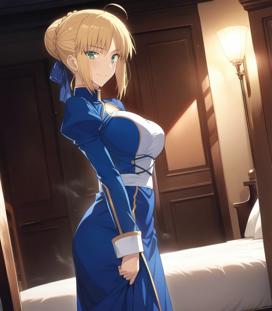 best quality, amazing quality, very aesthetic, 1girl, saber, fate/stay night, 1girl, saber, fate/stay night, , (artist official art:1.5), french braid bun hair, ahoge_hair, green eyes, steaming body, large breasts, jitome, cinematic light, official_blue_long_sleeve_royal_dress, stand_up_straight, arms_behind, on the bedroom, happy, smile, blush, night, looking_at_viewer, oily_skin, cool