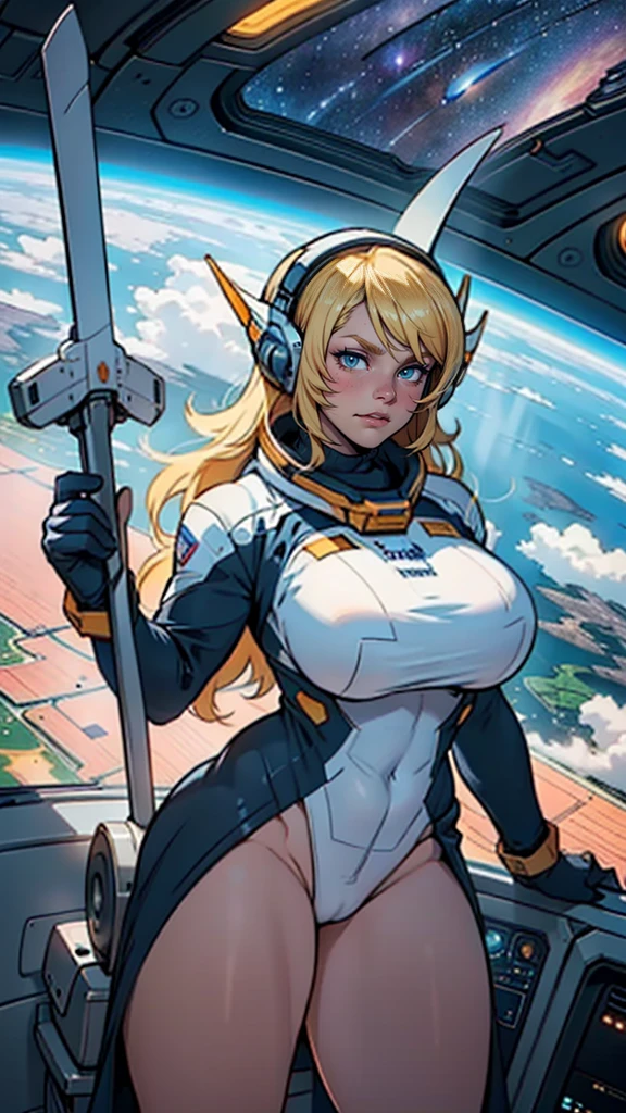 Naked art, (work of art, best qualityer:1.2), (cowboy shot:1.1), standing alone, 1 girl, mori yuki, slightly-smile, cloused mouth, lateral view, gazing at viewer, hair blonde, long hair, tight slit, body amarelo, firm skin, perfectbody, big window, (starship lookout:1.3), (legs spread open:1.3), (standing:1.1), tight slit, Sensual Posture, lateral view, perfect hands, bright starship interior, (view from outer space:1.1), (orbital view:1.3), (natta, old sky:1.5), Milky Way, massive huge tits