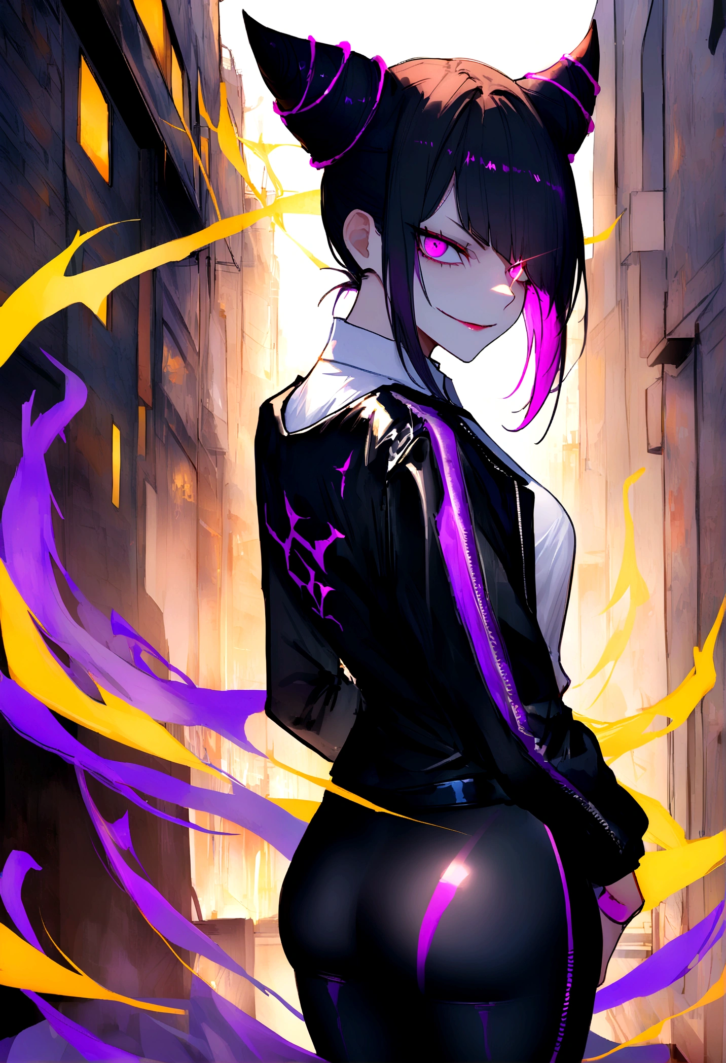 work of art, best qualityer, Juri Han, horn hair, bangs on the eyes,eyes shining purple,evil smile, black leather jacket, leggings preta, gazing at viewer, city background,yellow lighting,white shirt,skirt short,standing with your back to the viewer,