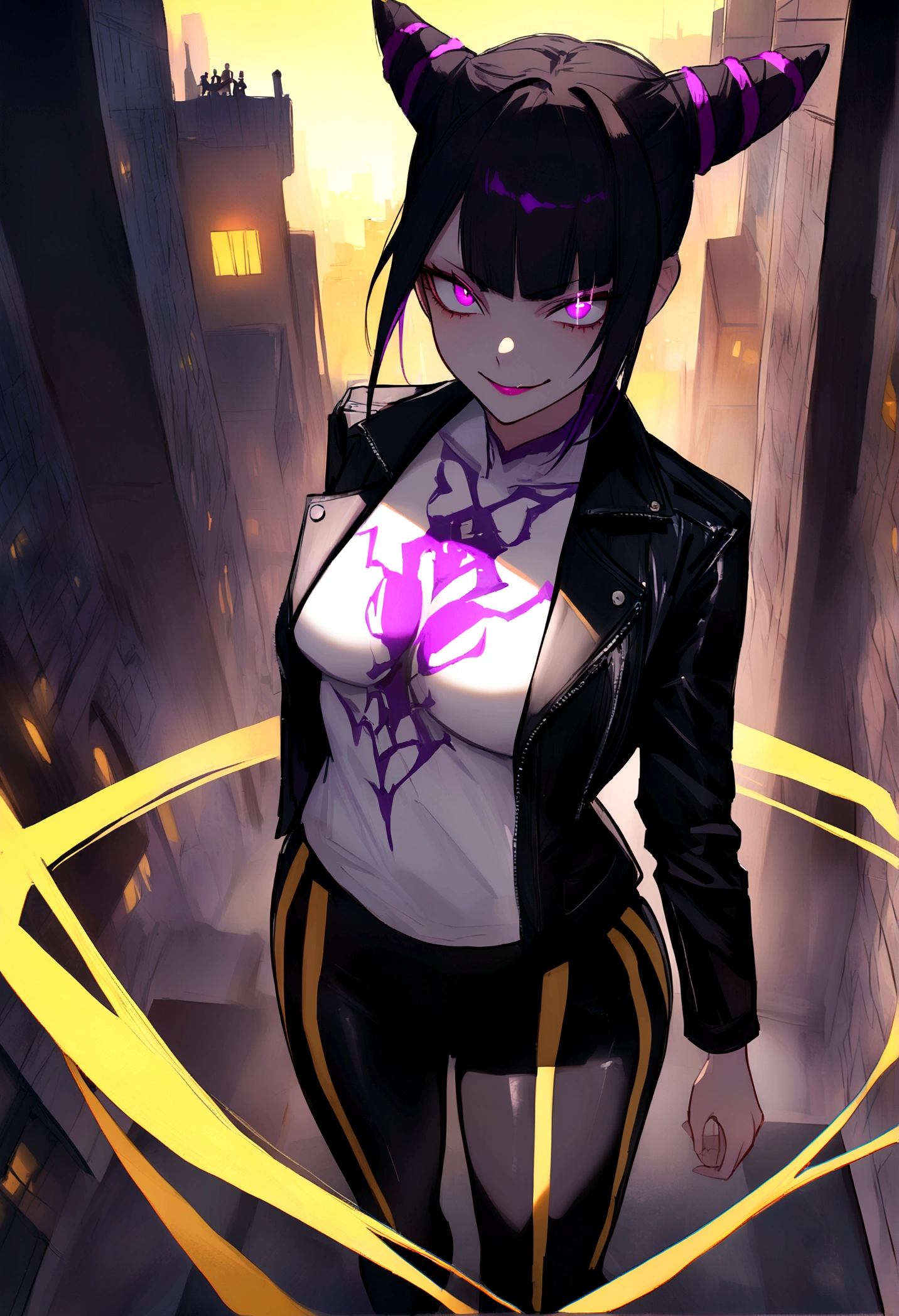 work of art, best qualityer, Juri Han, horn hair, bangs on the eyes,eyes shining purple,evil smile, black leather jacket, leggings preta, gazing at viewer, city background,yellow lighting,white shirt,skirt short,standing with your back to the viewer,
