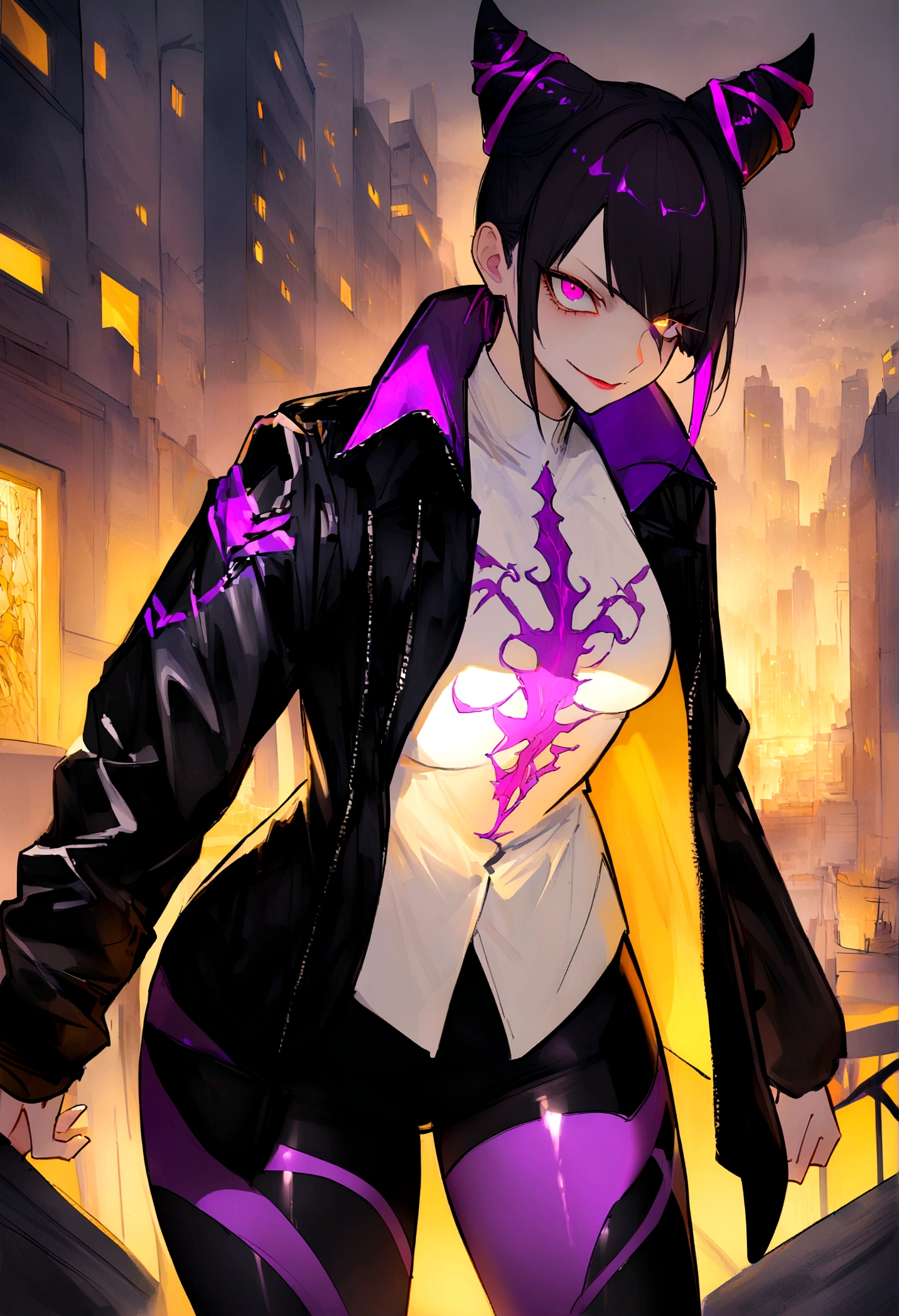 work of art, best qualityer, Juri Han, horn hair, bangs on the eyes,eyes shining purple,evil smile, black leather jacket, leggings preta, gazing at viewer, city background,yellow lighting,white  shirt,skirt short,standing with your back to the viewer,
