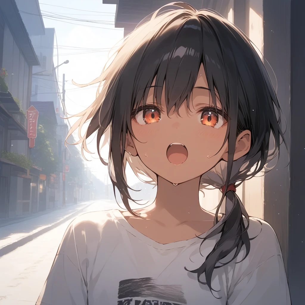 score_9, score_8_up, score_7_up, source_anime, best quality, masterpiece, official art, absurdres, highres, ultra-detailed,waifu2x,Collection: Slice of Life,break,1girl, tomboy, dark-skinned female, short hair, low ponytail, flat chest, beautiful detailed eyes, short shorts, sweat, open mouth, (yawn:0.3), sleepily, outdoors, wind, break,(clear line illustration:1.2),very high resolution, very aesthetic, super detailed skin, Best sexual lighting powered by famous artist, 8k,cute picture,beauty illustration,photoshop_(medium),,(Detailed Lighting),best anime 8k konachan wallpaper, pixiv contest winner,