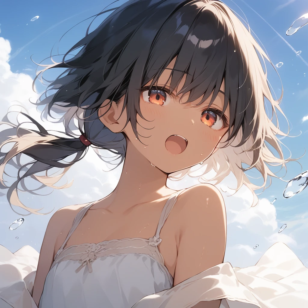 score_9, score_8_up, score_7_up, source_anime, best quality, masterpiece, official art, absurdres, highres, ultra-detailed,waifu2x,Collection: Slice of Life,break,1girl, tomboy, dark-skinned female, short hair, low ponytail, flat chest, beautiful detailed eyes, short shorts, sweat, open mouth, (yawn:0.3), sleepily, outdoors, wind, break,(clear line illustration:1.2),very high resolution, very aesthetic, super detailed skin, Best sexual lighting powered by famous artist, 8k,cute picture,beauty illustration,photoshop_(medium),,(Detailed Lighting),best anime 8k konachan wallpaper, pixiv contest winner, 
