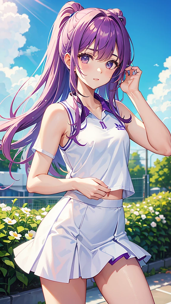 White tennis wear No sleeve mini skirt Purple medium length Great style Embarrassed garden