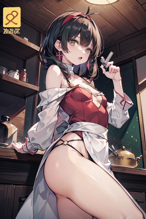 (small breasts:1.2), (perky chest:1.1), (pointed chest:1.0), (hand gun magazine cover:1.3)，(from below:1.2),(from side:0.9),masterpiece, 1girl, Amazing Cleavage:1.1, thin waist, big ass, Raised sexy, small breast: 1.2, posed cleavage:1.2、solo, open mouth, have a cute grass of cute beergrass,black hair, dark green eyes, dress, bare shoulders, jewelry, collarbone, sidelocks, hairband, earrings, indoors, off shoulder, sweater, arms behind back, plant, short hair with long locks, gild hairband, sweater dress:1.2, off-shoulder sweater, red sweater, dark gord hair, big side hair, very long side hair,is rendered in (masterpiece: 1.2, best quality), with (ultra high resolution) and an exquisite (depth of field). This masterpiece is not only visually stunning but also tells,A scene of cooking in the kitchen by classroom ,looking at viewer,
