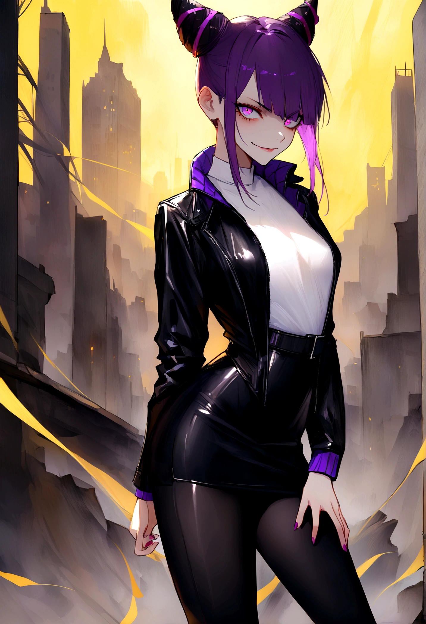 work of art, best qualityer, Juri Han, horn hair, bangs on the eyes,eyes shining purple,evil smile, black leather jacket, leggings preta, gazing at viewer, city background,yellow lighting,white  shirt,skirt short,standing with your back to the viewer,hands on jacket
