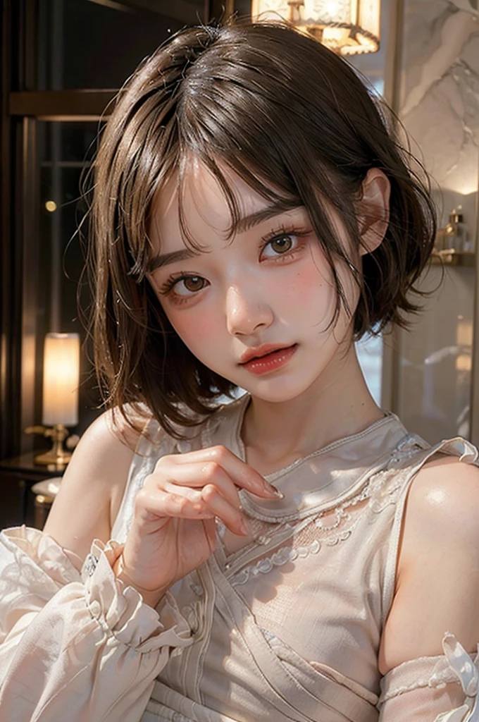 (Highest quality, masterpiece:1.3), ((Beautifully detailed face)), beautifully detailed skin, Intricate details, Very detailed, Best image quality in 8K, (18-year-old girl),Japanese Girls,Baby Face,(Detailed Hair,Bobcut:1.4),Detailed lips,Open your mouth,blush,Embarrassing,Realistic Face,Realistic Skin,(sexy:2.0,Clothes are disheveled),(Vibrant Skin,Moisturized Skin:1.2),Vivid lips,Lip gloss,(cowboy shot)