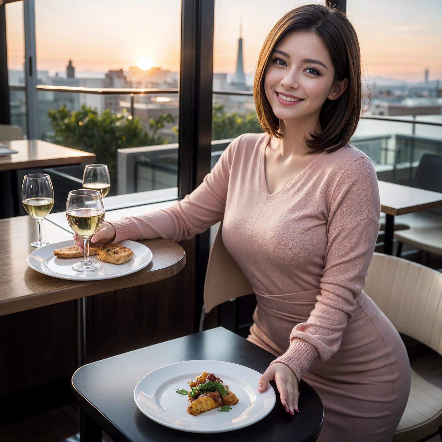 ((Highest quality、8K、masterpiece:1.3))、slimカップル、Pink rubber、modelカップル、(Realistic, Intricate details:1.2), full-course dinner、Wine Party、Amazing view of the sunset sky and clouds、A bright smile、The wonderfulness of smile、Bright image、The beauty of wine, Beautiful Face, blue eyes, The light shines on your face, Blushing, short hair,Bright Face、 (Age 37), 39 years old, red wine 、Appetizers、Italian food、Wine bottle、Champagne、sparkling wine、Two beauties、Brown Hair、Shortcuts、Long sleeve shirt、dress、Beautiful woman 1, (slimな顔), (The body is slim), (Brown Hair), (Shortcuts), cheeks turn a little red,Attractive beauty、restaurant, In a prominent place (From the waist up) Nova Frog Style, actress, model, Upper Body, White wine, slim, wine glass, 中央に置かれたwine glass, smile, (smile: 1.15), Beautiful fine grain, Depth f/2,saturation, High Contrast, Strong light and shadow,Moist Body:1.5、3D texture、Delicate eyes、Brown Hair、The hair is very shiny、
