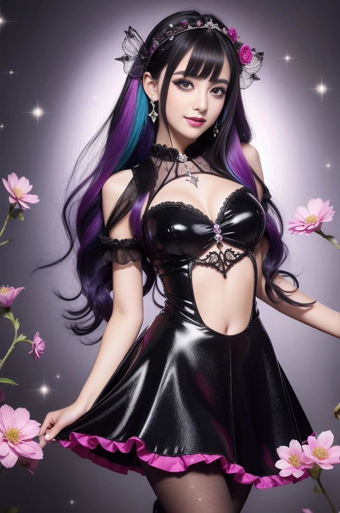 Sexy Spanish model who controls poison、beautiful smile、lipgloss、long lashes、gothic makeup、defined eyebrows、look at the camera、full body Esbian、、sparkling poisoned flower costume、、、、sparkling Colorful hair、secrete poison、skull hair accessories schnet tights、shiny sparkling flowers background