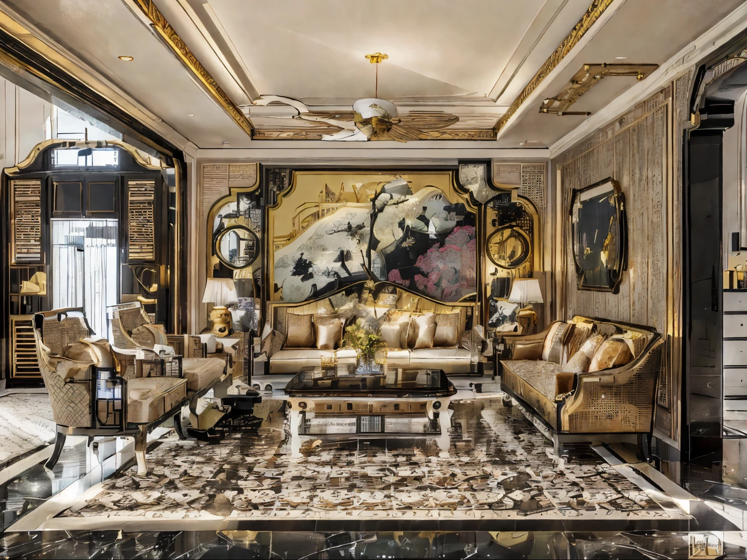 a view of a living room with a couch, chairs, and a coffee table, ornate and flowing, neo - classical style, neoclassical style, interior living room, elegant and extremely ornamental, living room interior design, elegant and ornate, chinese style, asian interior decoration, with ancient chinese aesthetic, ornate and elegant, maximalist sculpted design, neoclassicism style