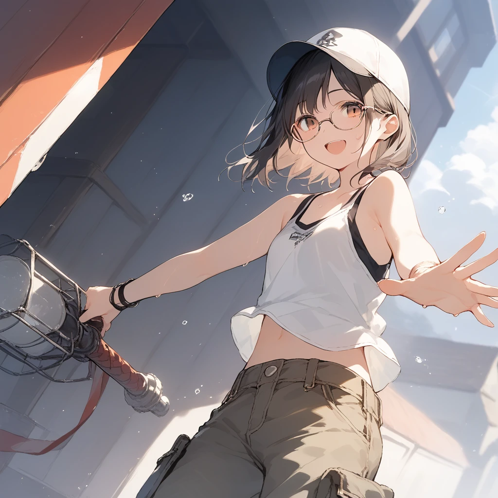 score_9, score_8_up, score_7_up, source_anime, best quality, masterpiece, official art, absurdres, highres, ultra-detailed,waifu2x,Collection: Slice of Life,break,1girl, fantasy world, short hair, glasses, small breasts, cap, tank top, cargo pants, sweat, open mouth,smile, tool, outdoors, wind, break,(clear line illustration:1.2),very high resolution, very aesthetic, super detailed skin, Best sexual lighting powered by famous artist, 8k,cute picture,beauty illustration,photoshop_(medium),,(Detailed Lighting),best anime 8k konachan wallpaper, pixiv contest winner, 