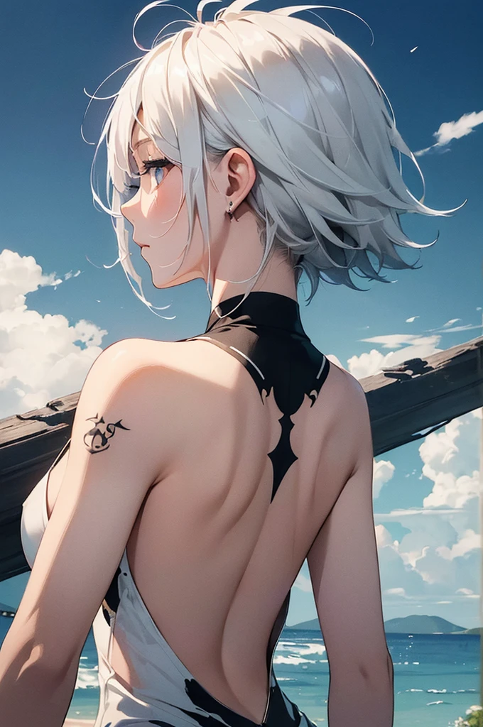 (Image from chest up:1.4)((masterpiece:1.5,Highest quality,Beautiful images、Sketch、2.5D、Ink Painting、Abstract、Artistic、Portraiture))(1girl, 独奏)(medium breasts, white hair、short hair、sideboob、Exposing shoulders、Tattoo on shoulder)(横顔のPortraiture,Gaze sideways、Gaze diagonally、Shake your head、A sad expression, floating hair)(モノトーンのAbstractな背景)((from behind:1.3)),Landscape