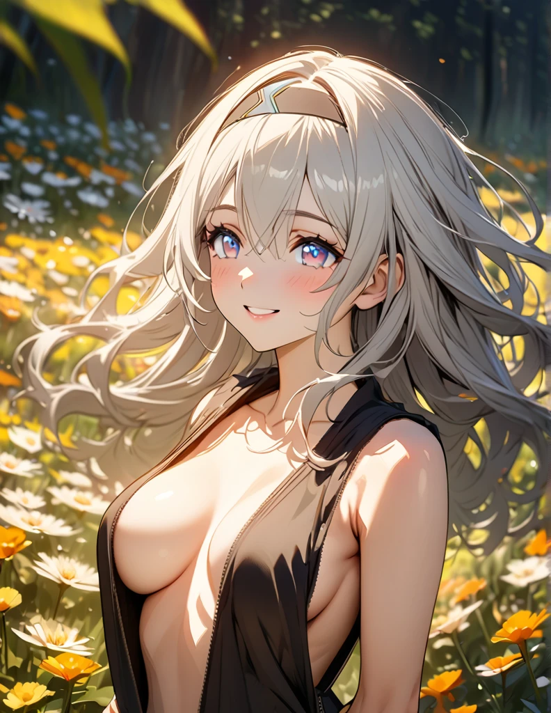 beautiful girl, long grey hair, beautiful face,smiling,close up to hips, beautiful breast, in the middle of flowers field, (open mouth:0.4),illustration,detailed textures(realists),ultra-detailed,portrait style,vivid colors,soft lighting, blushing, mature, hair fluttering, evening light , head band, ((half body)), no bra, birthday suit , perky. ((side profile until hips))