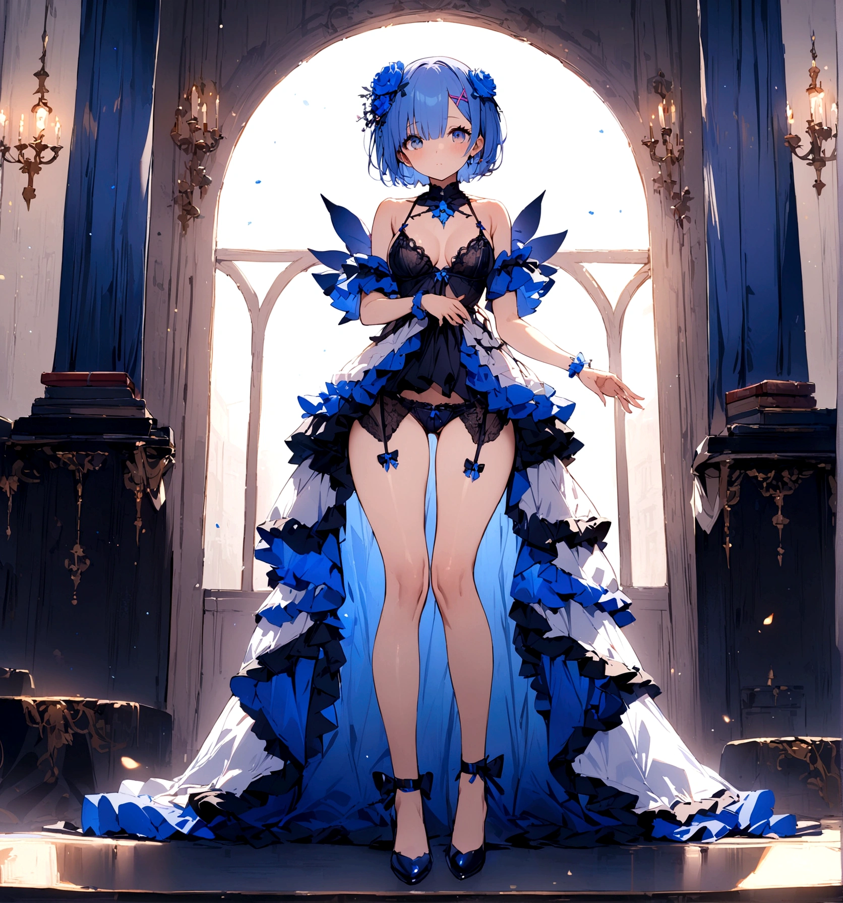 masterpiece, Highest quality, Rem, One Girl, lingerie,Beautiful Eyes,Blue Hair,whole body,Are standing