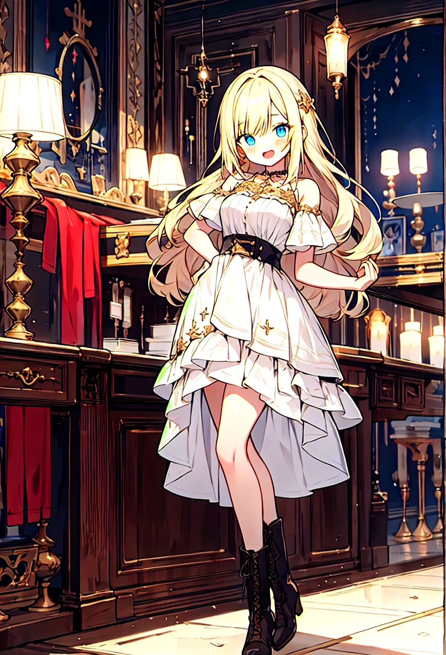 (cleavage:-1.5),insanely detailed, absurdres, ultra-highres, ultra-detailed, best quality,
1girl, solo, nice hands, perfect hands,
BREAK,
happy smile, laugh, open mouth,
cute pose, fullbody,
BREAK,
slender, kawaii, perfect symmetrical face, ultra cute girl, ultra cute face, ultra detailed eyes, ultra detailed hair, ultra cute, ultra beautiful,
BREAK
Curls,blonde_hair,blue_eyes,long_eyelashes,long_hair,fringe_bangs,side_curls,fullbody,standing,masterpiece,highress,frilly intricate pink saloon girl dress,knee length skirt,white accents, frilly lace choker,pink corset,lace up heeled boots,stockings,saloon,short at the front center of the skirt
,