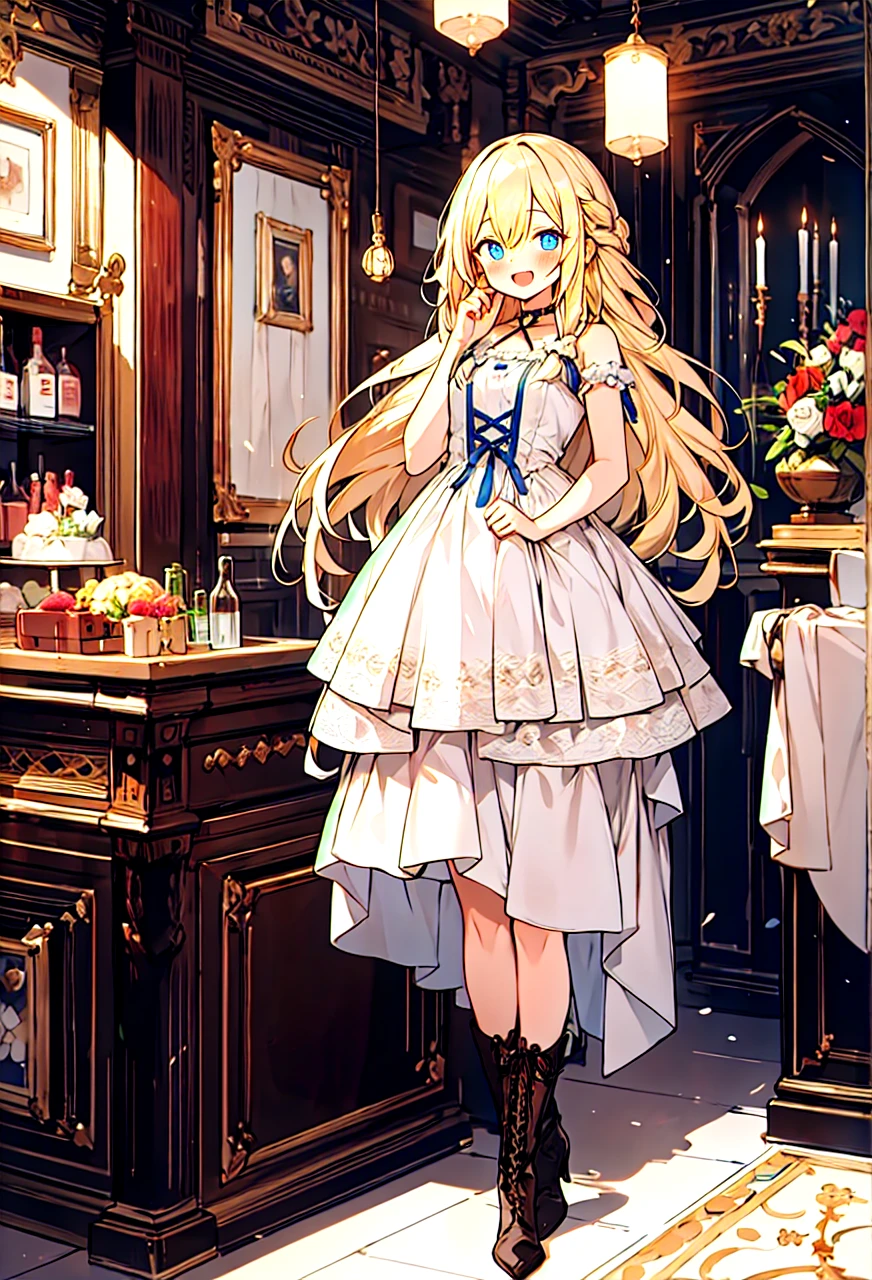(cleavage:-1.5),insanely detailed, absurdres, ultra-highres, ultra-detailed, best quality,
1girl, solo, nice hands, perfect hands,
BREAK,
happy smile, laugh, open mouth,
cute pose, fullbody,
BREAK,
slender, kawaii, perfect symmetrical face, ultra cute girl, ultra cute face, ultra detailed eyes, ultra detailed hair, ultra cute, ultra beautiful,
BREAK
Curls,blonde_hair,blue_eyes,long_eyelashes,long_hair,fringe_bangs,side_curls,fullbody,standing,masterpiece,highress,frilly intricate pink saloon girl dress,knee length skirt,white accents, frilly lace choker,pink corset,lace up heeled boots,stockings,saloon,short at the front center of the skirt
,
